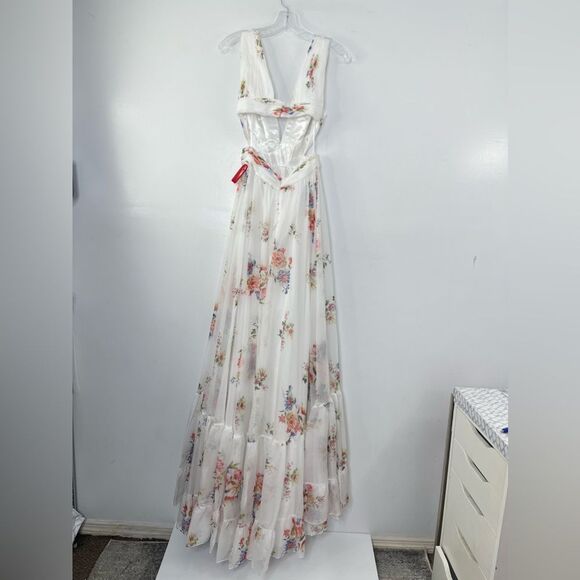 Mac Duggal 67940 Size 2 Floral Print Cutout Waist Tiered White Multicolor Dress - Picture 3 of 10